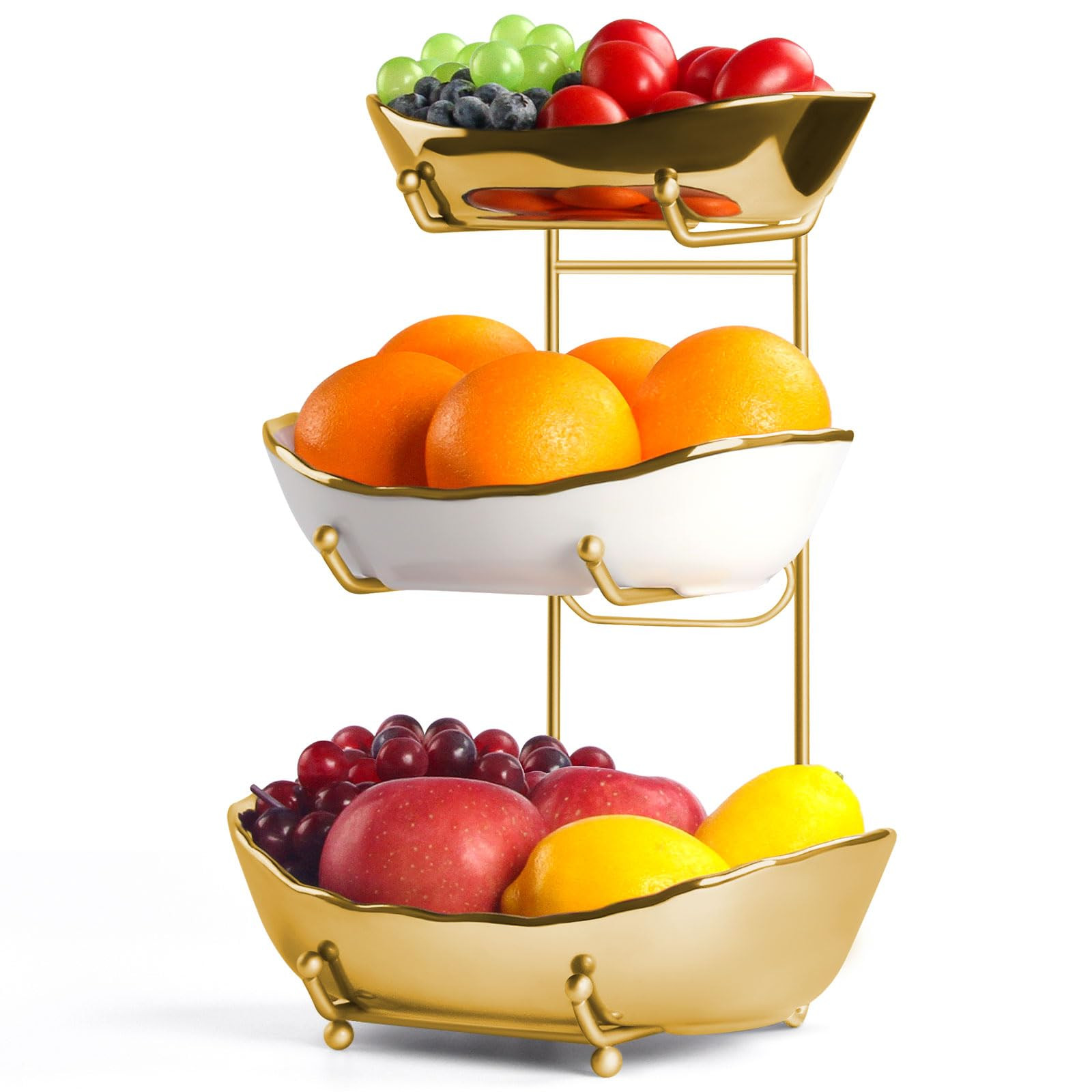 Fruit Basket for Kitchen Counter, 3 Tier Ceramic Serving Bowls with Metal Stand, Fruit Bowl for K... | Amazon (US)