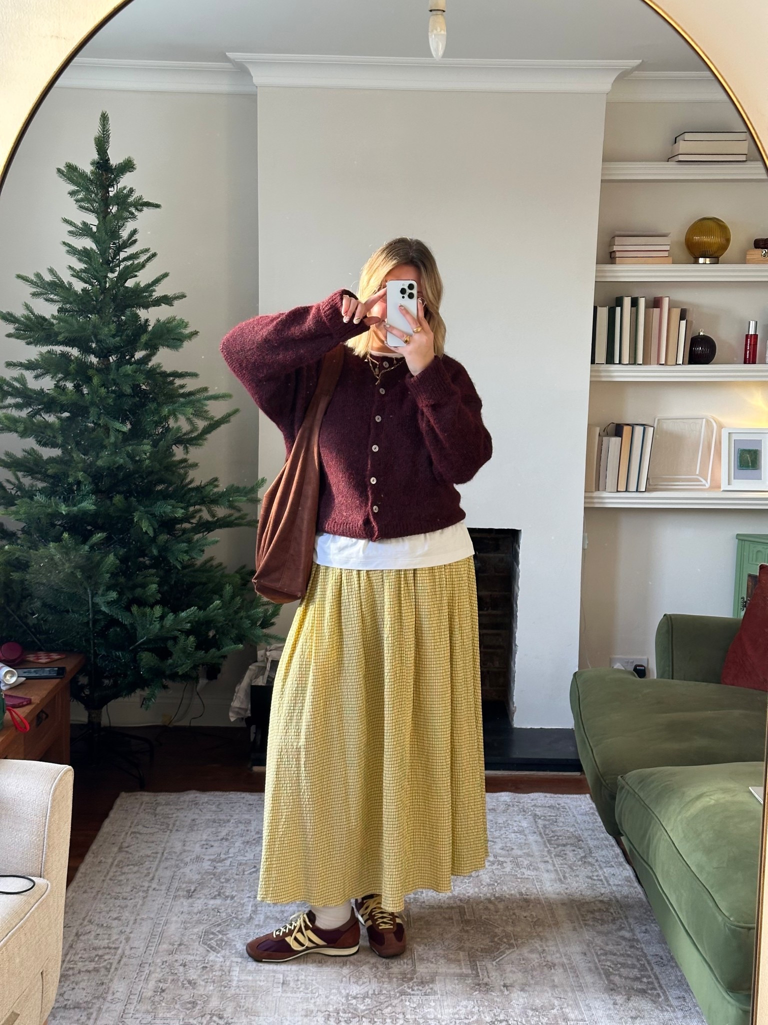 Autumn outfit featuring a burgundy cardigan & yellow maxi skirt. 

#LTKautumn #LTKmidsize