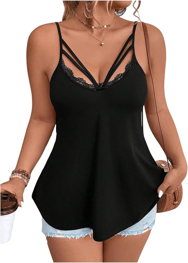 SOLY HUX Women's Plus Size Cami Top Lace Cut Out Camisole Spaghetti Strap Summer Going Out Tops | Amazon (US)
