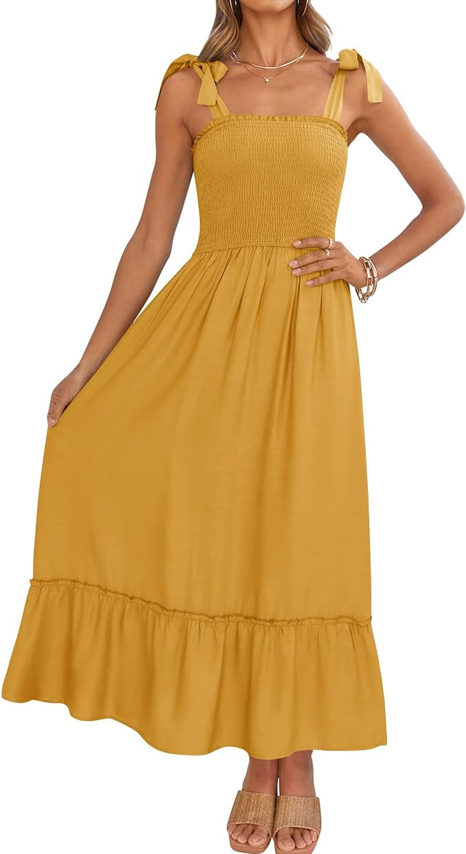 ZESICA Women's 2024 Summer Boho Spaghetti Strap Square Neck Solid Color Ruffle A Line Beach Long ... | Amazon (US)