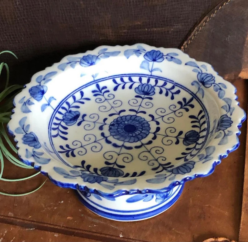 White and Blue Pedestal Dish | Etsy (US)