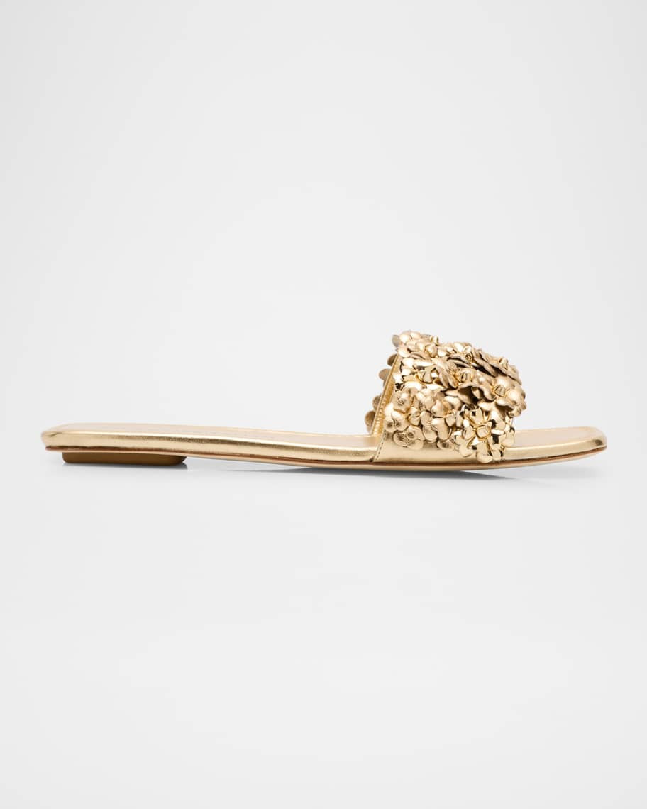 Meadow Metallic Leather Flower Slides | Neiman Marcus