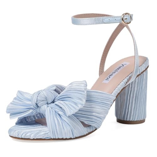 VIMISAOI Women's Bow Knot Heeled Sandals Open Toe High Block Chunky Heels Ankle Buckle Strap Pleated Bride Wedding Party Dress Shoes | Amazon (US)