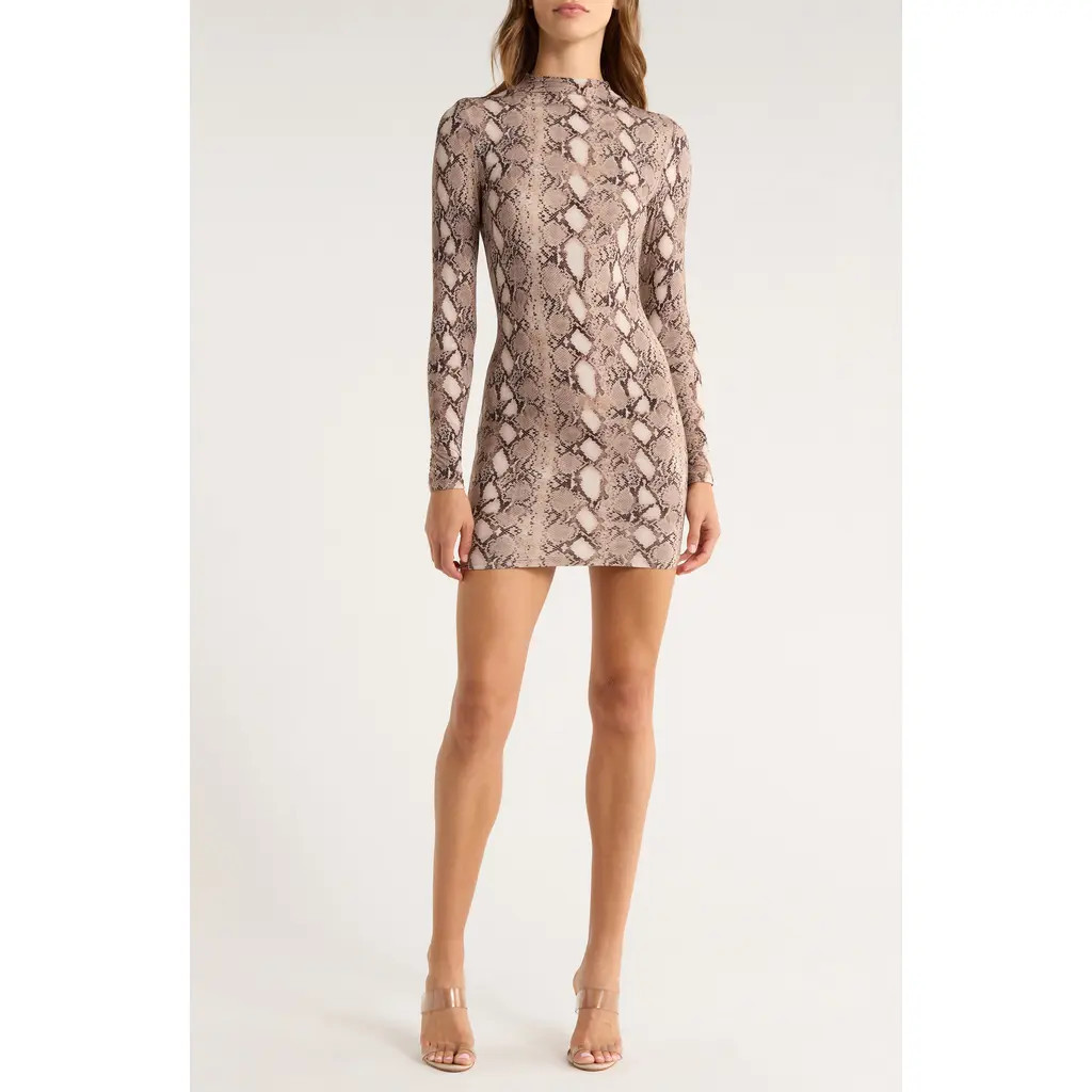 Naked Wardrobe Leopard Print Long Sleeve Body-Con Minidress in Nude Snakeskin at Nordstrom, Size X-Small | Nordstrom