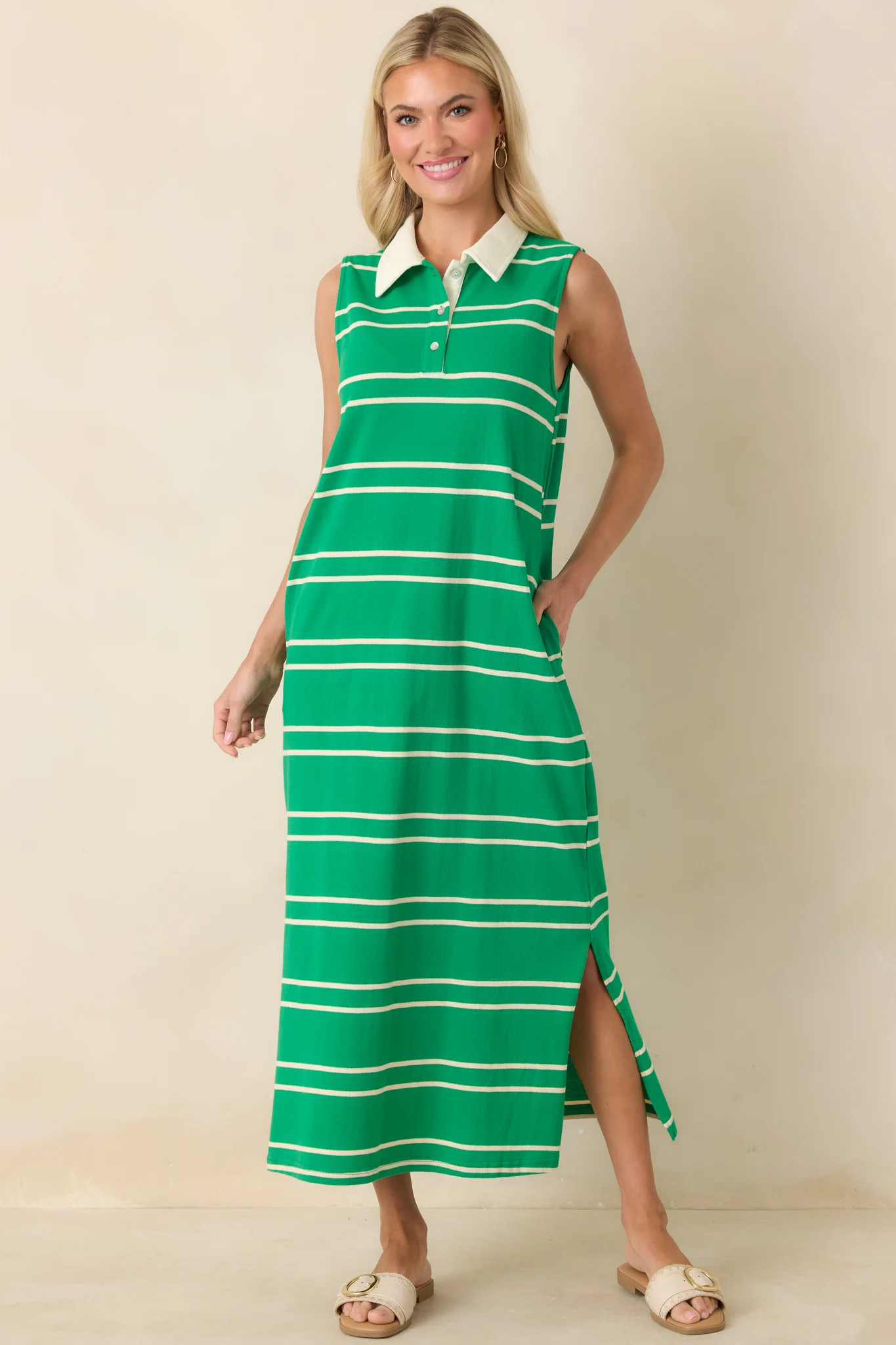 Polished Play Green Stripe Cotton Sleeveless Maxi Dress | Red Dress