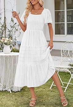 MEROKEETY Women's 2025 Summer Flowy Midi Maxi Dress Short Sleeve Square Neck Smocked Tiered Ruffl... | Amazon (US)