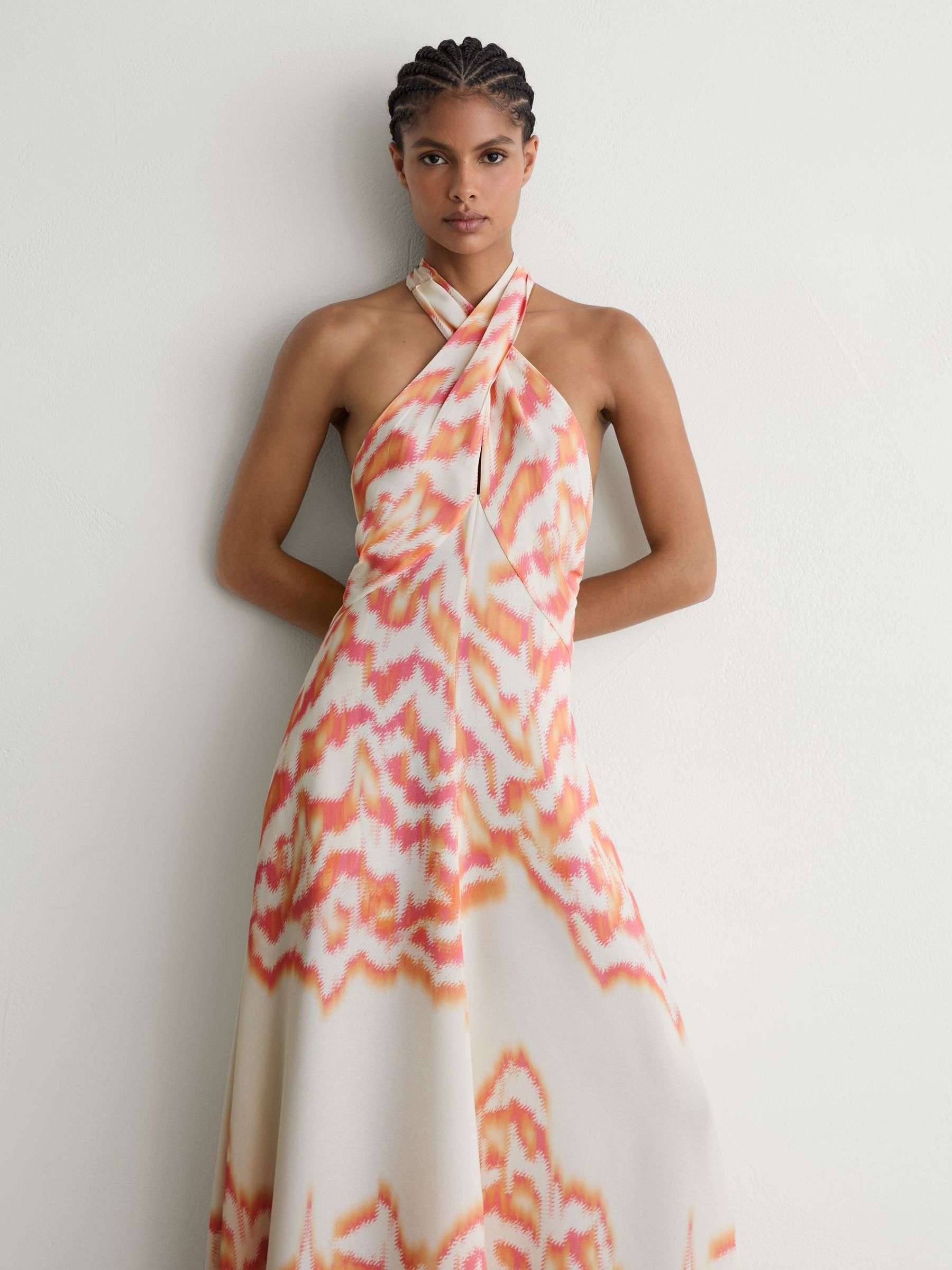 Reiss Printed Halterneck Maxi Dress in Coral Orange - REISS | Reiss UK