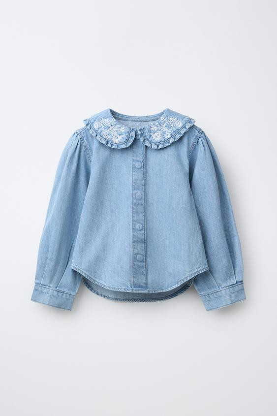 DENIM SHIRT WITH EMBROIDERED FLORAL COLLAR | Zara US