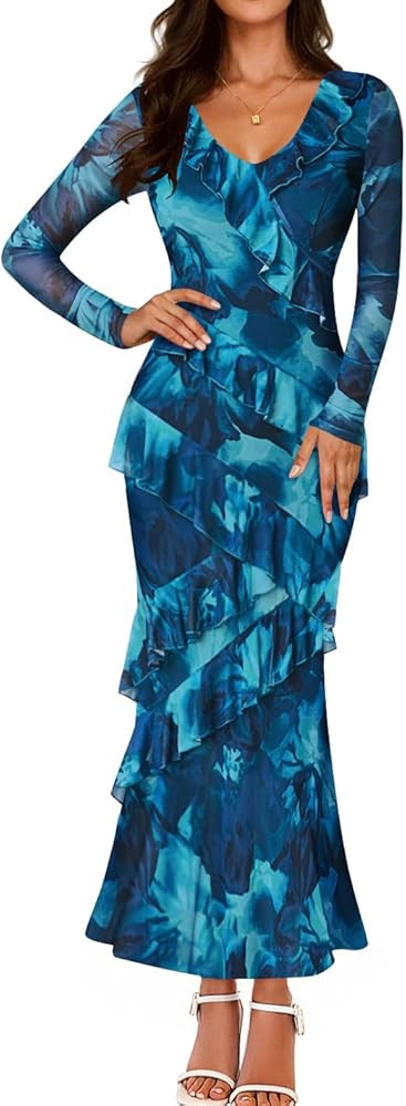 ZESICA Women's Fall Floral Long Sleeve Maxi Dress 2026 Boho Bodycon V Neck Ruffle Wedding Party L... | Amazon (US)