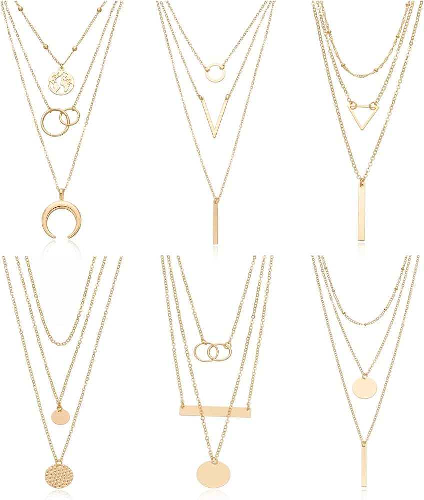 6 Pieces Layered Necklaces For Women Long Necklaces Gold Choker Necklaces Map Coin Bar Crescent M... | Amazon (US)