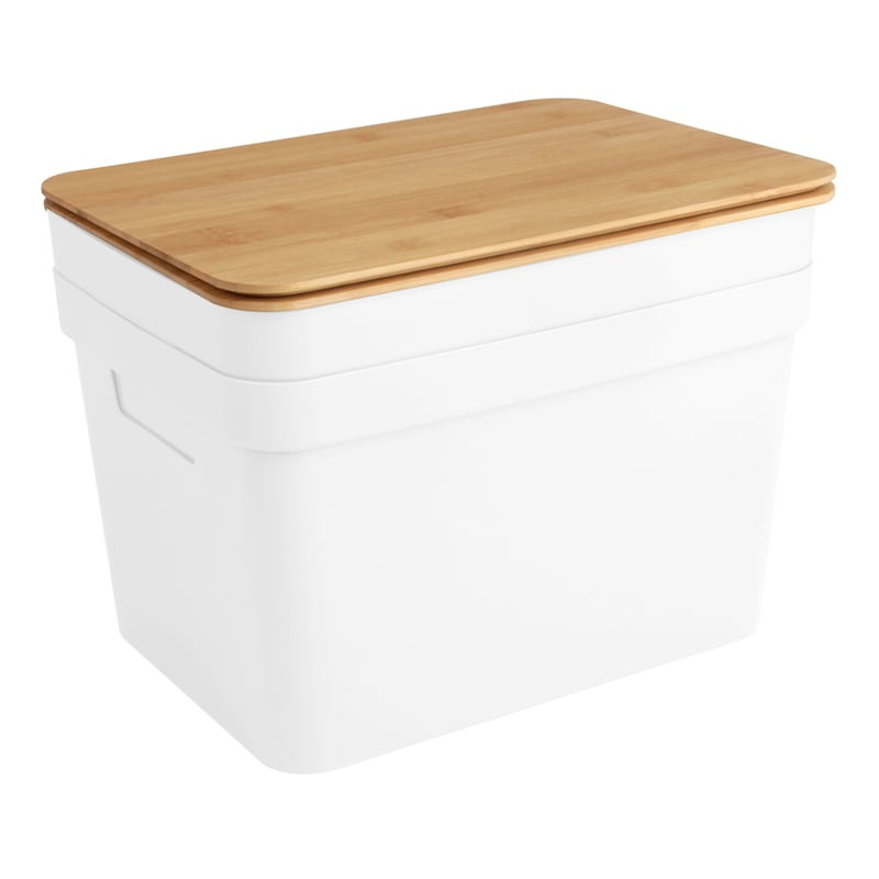 2-Pack White Storage Bin with Bamboo Lid, 15l | At Home
