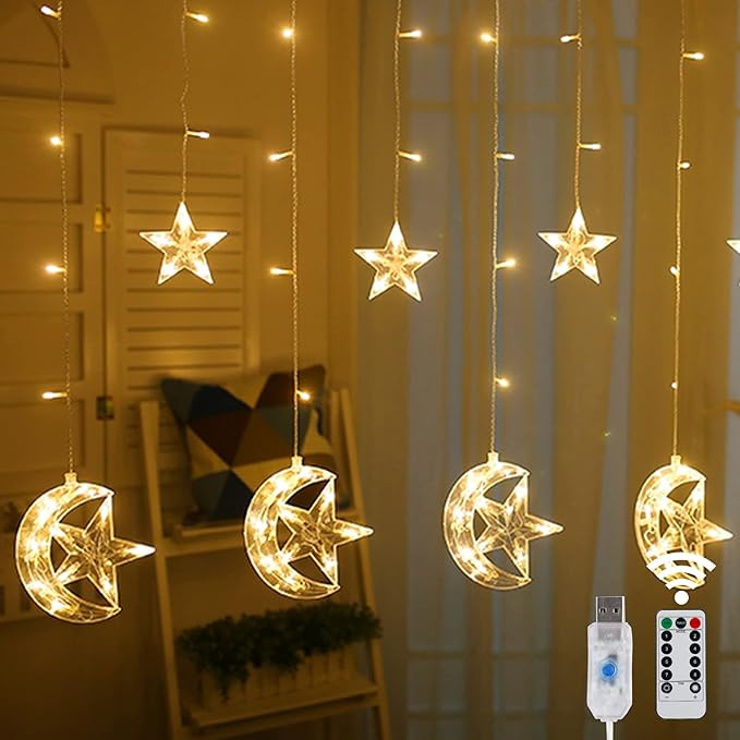 WATERGLIDE 138 LED Star Moon Curtain Decorative Lights, Window Curtain Fairy String Lights, Remot... | Amazon (US)
