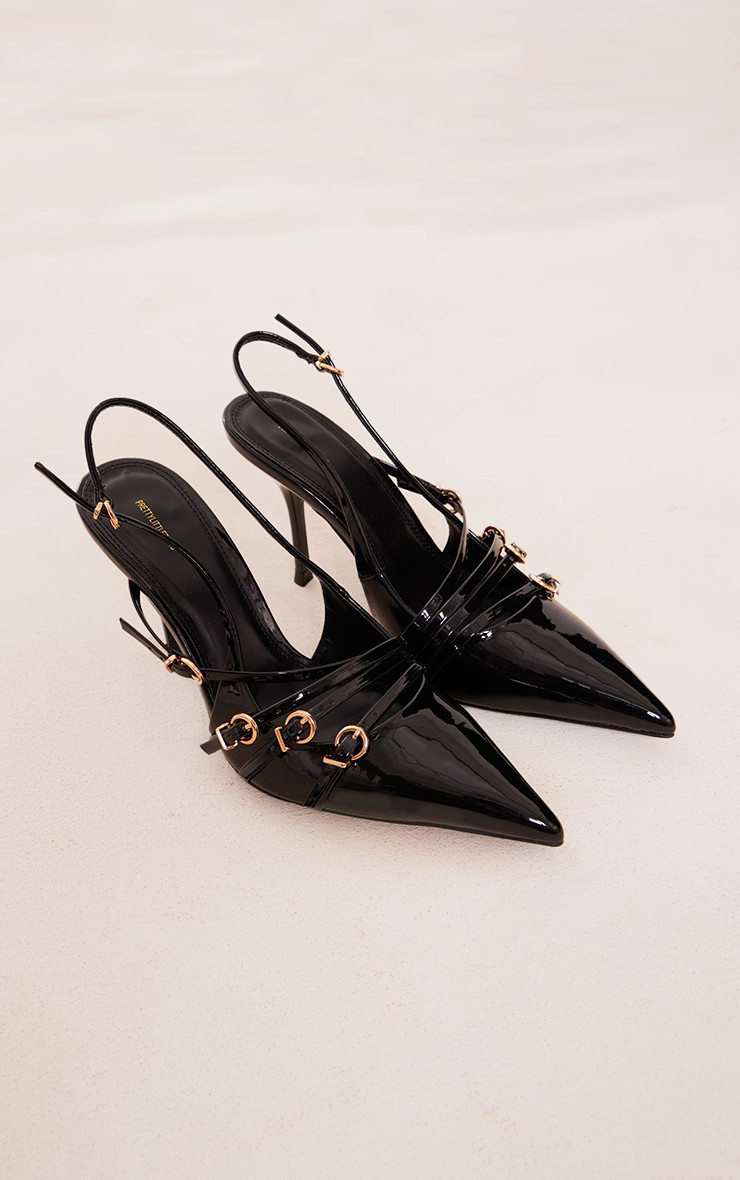 Escarpins pointus en PU noir verni à lanières multiples et talon bas | PrettyLittleThing (FR)