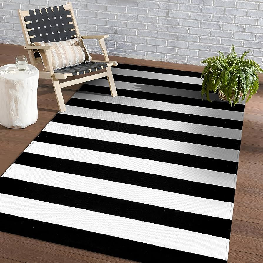 KOZYFLY Black and White Striped Area Rug 4x6 Ft Outdoor Rug Washable Indoor Outdoor Rug Hand Wove... | Amazon (US)
