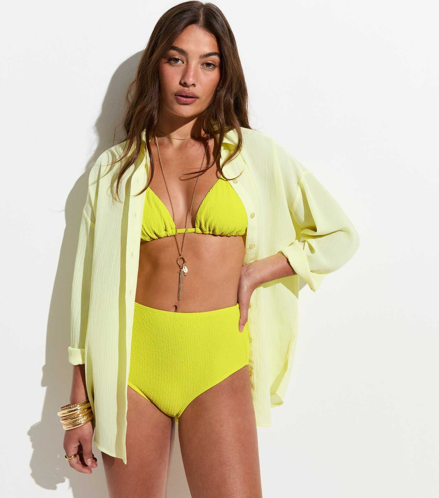 Bright Yellow Crinkled High Waist Bikini Bottoms | New Look | New Look (UK)