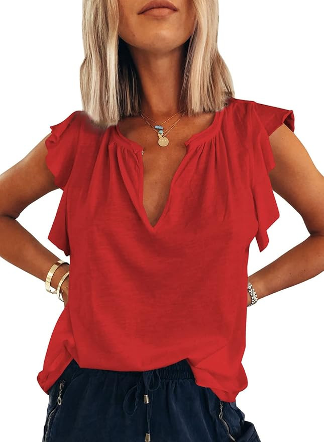 Dokotoo Women's Casual V Neck Ruffle Sleeve Summer Tank Tops Shirts | Amazon (US)