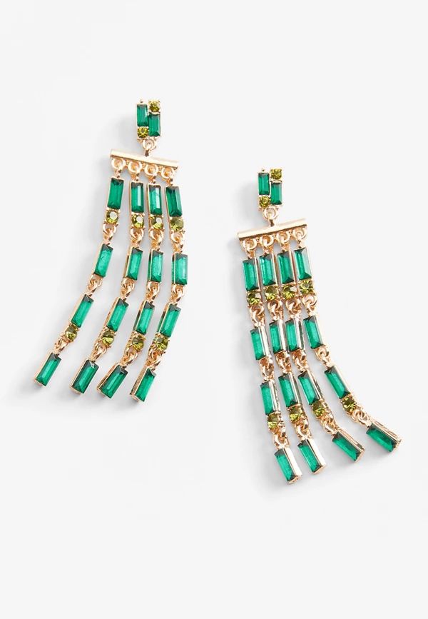 Gold Emerald Stone Fringe Statement Earrings | Maurices