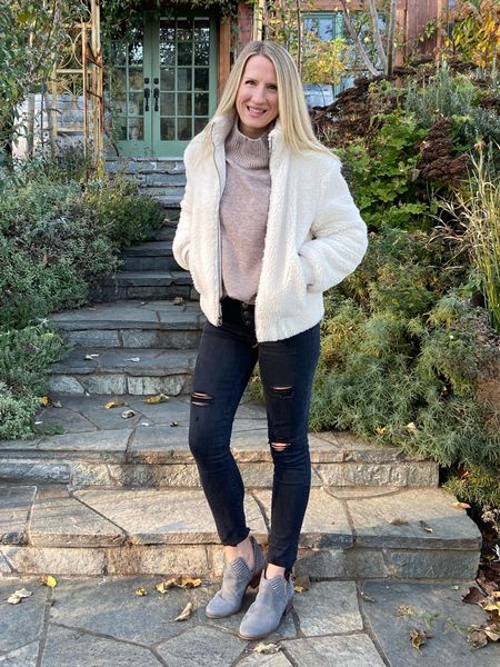 Sherpa coat paired with this mock neck turtleneck sweater in cream, paired with high waisted jeans and boots.

#LTKstyletip #LTKunder100 #LTKsalealert