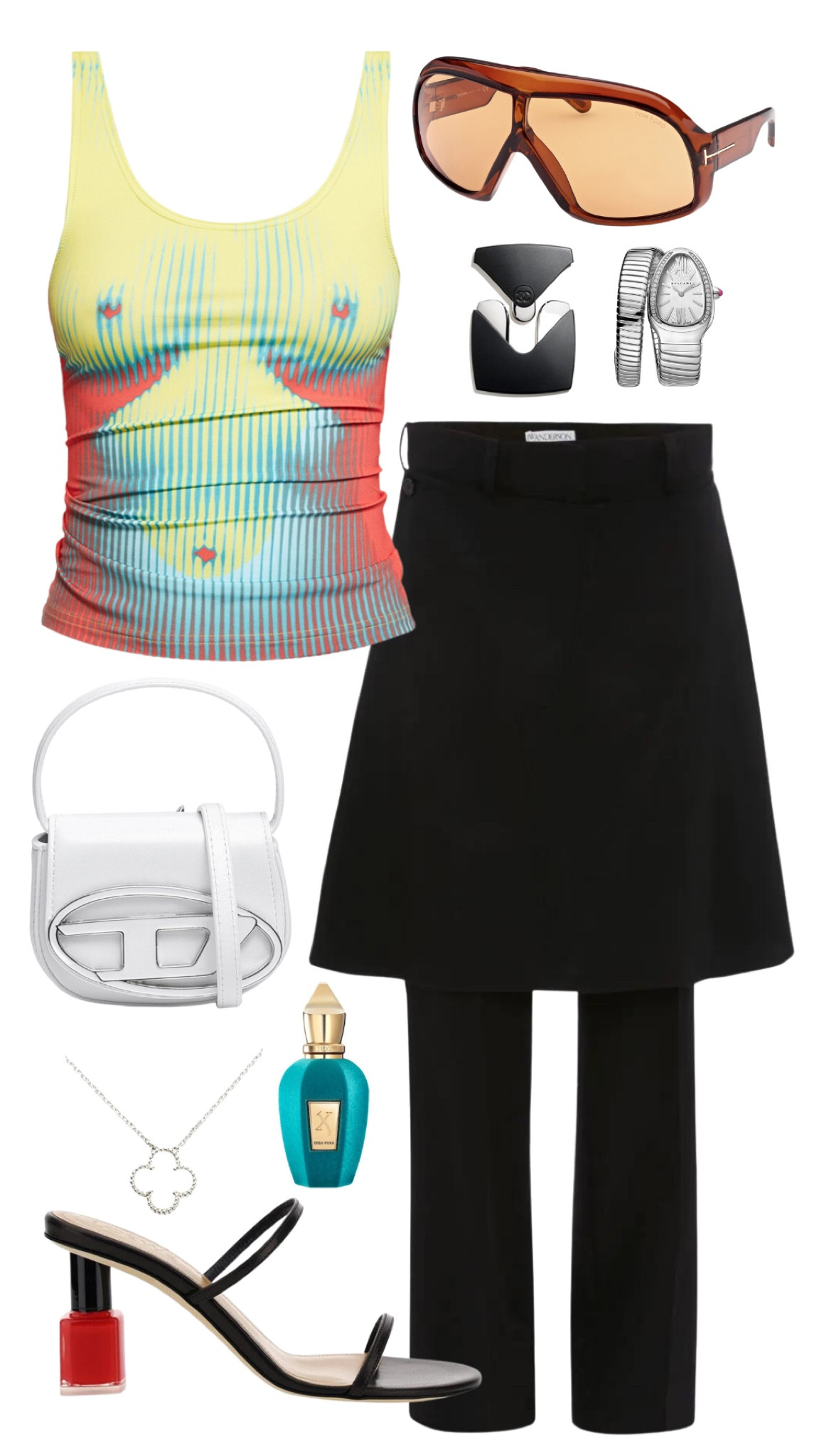 yproject x JPG top
jw anderson skirt pants 
diesel bag 
loewe heels 
tomford sunglasses 
xerjoff erba pura
bulgari watch 
van cleef and arpels mother of pearl necklace 
chanel resculpting massage tool