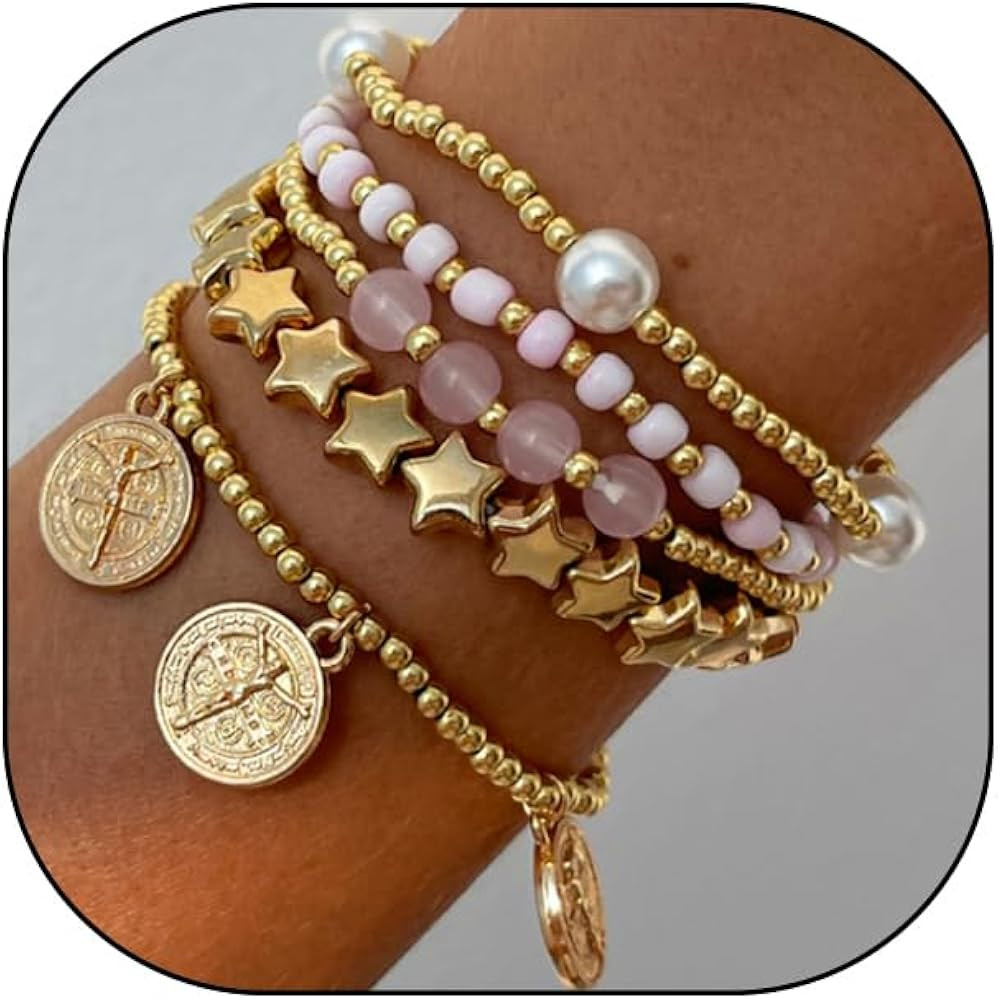 Gold Stacked Stretch Bracelets Set for Women,Vintage Pearl Coin Beaded Ball Statement Bracelets,P... | Amazon (US)