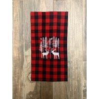 Red & Black Buffalo Plaid Christmas Embroidered Guest Towel, Reindeer Tree Tea Towel | Etsy (US)