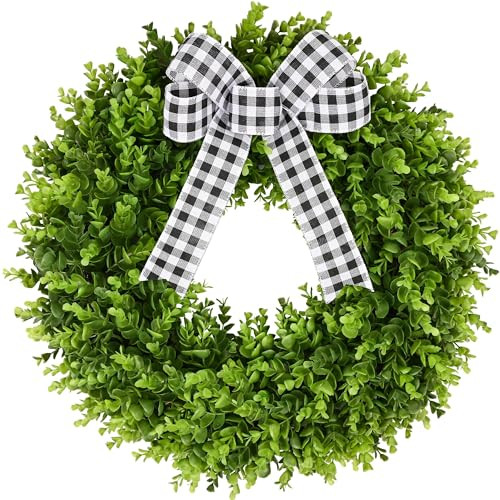 Vlorart 24" Large Boxwood Wreath for Front Door, Artificial Greenery Wreath with Plaid Bow, Full Lush Spring Summer Farmhouse Wall, Window & Wedding Decor | Amazon (US)