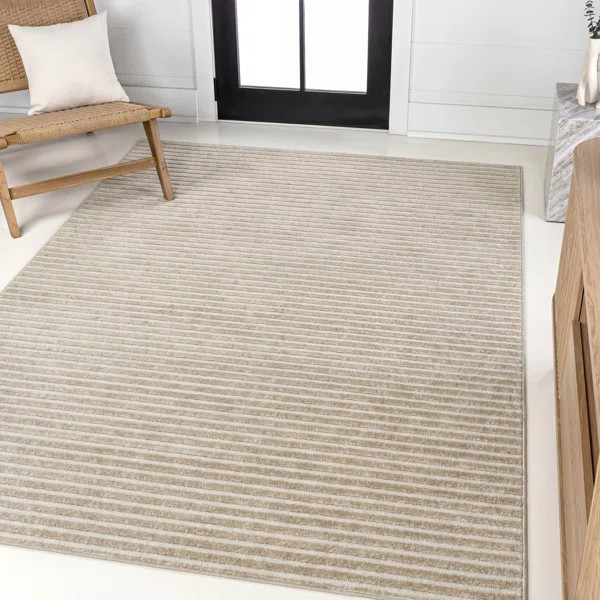 Wanneroo High-Low Minimalist Scandi Striped Beige/Cream Indoor/Outdoor Rug | Wayfair North America