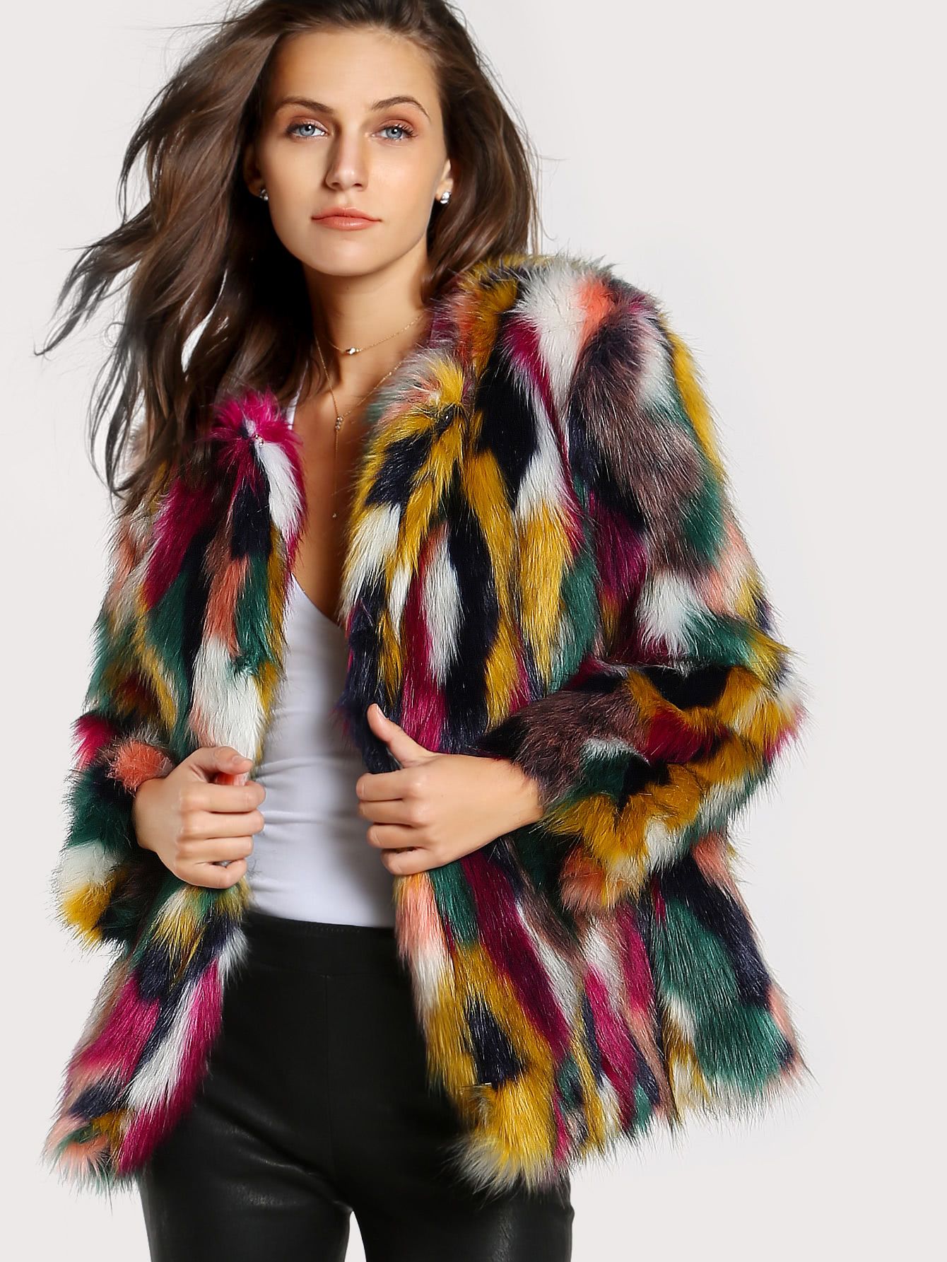 Colorful Faux Fur Coat | SHEIN