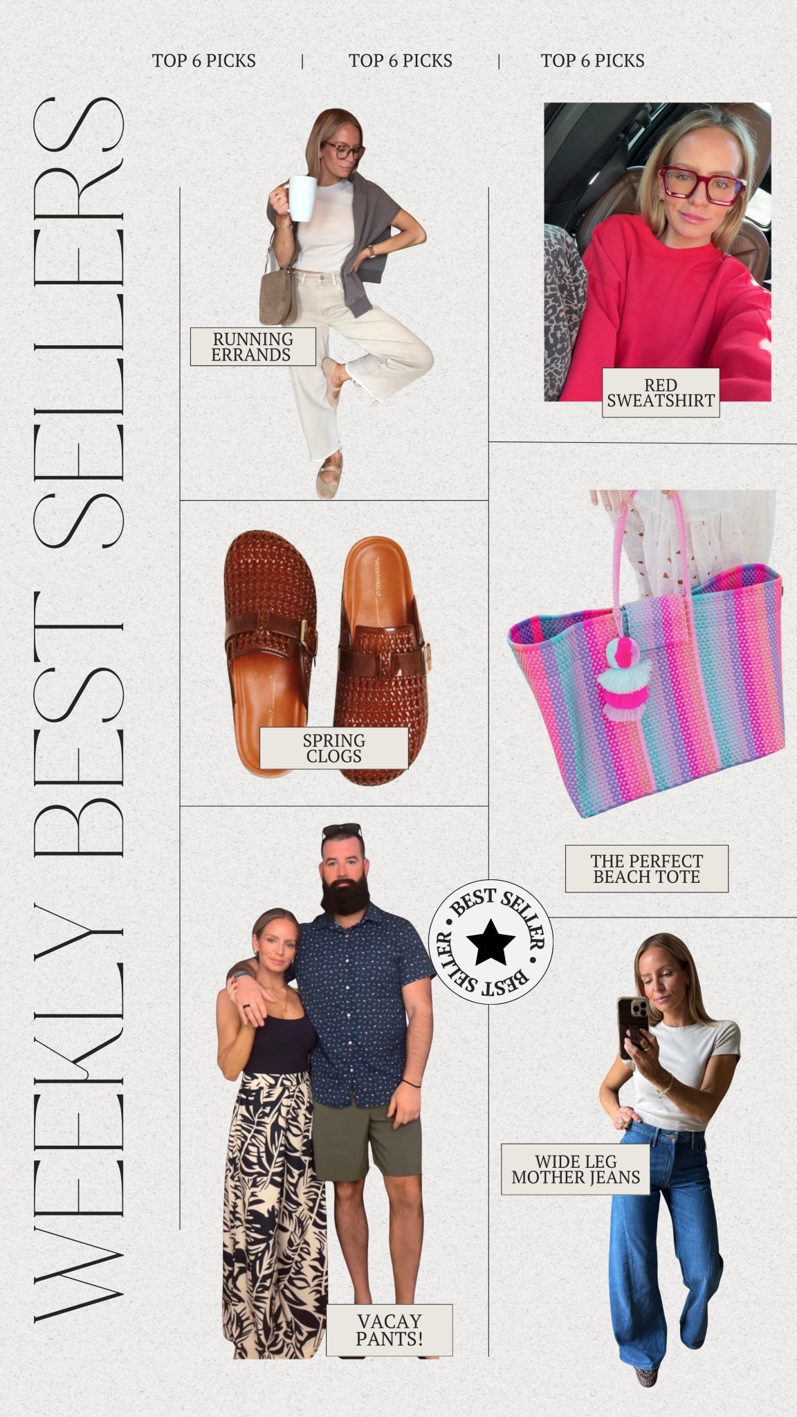 Weekly Top Six!

1. Running Errands Fit
2. Spring Clogs
3. Vacay Pants
4. The perfect red crew
5. My new favorite beach tote
6. Mother Denim wide leg jeans 