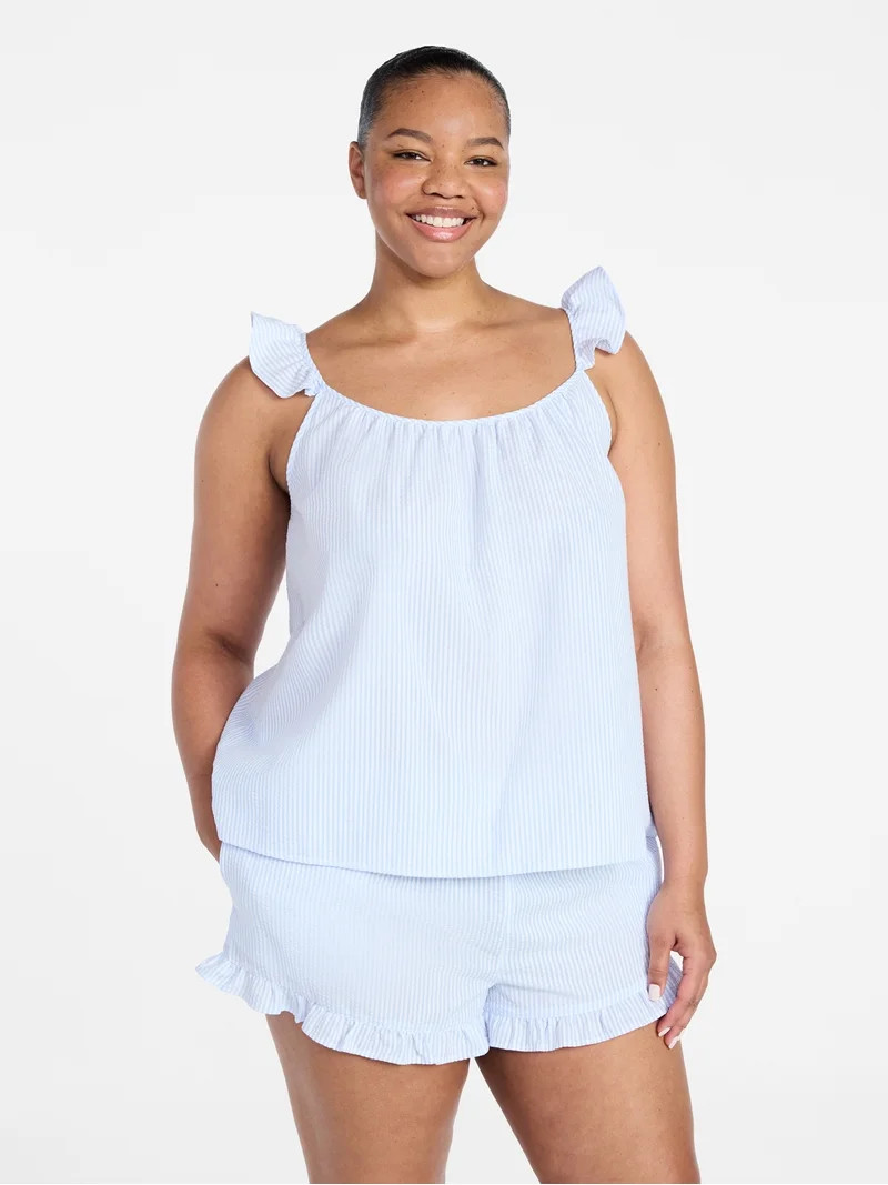 Joyspun Women's Seersucker Sleep Cami and Shorts Set with Ruffle, 2-Piece, Sizes XS-3X | Walmart (US)