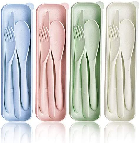 4 Sets Wheat Straw Cutlery,Portable Cutlery Spoon Knife Fork Tableware Set with Case for Kids Adu... | Amazon (US)