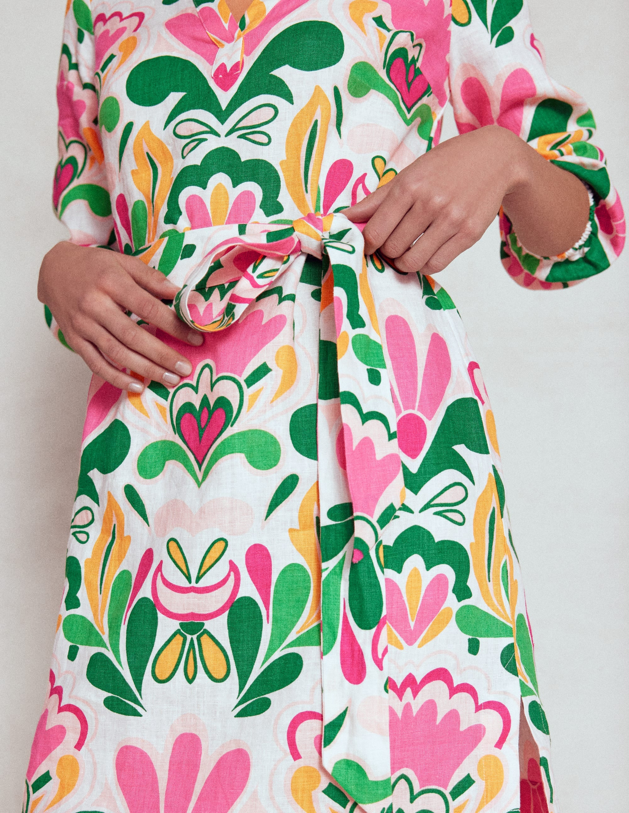 Cleo Linen Tie Waist Dress-Multi, Freesia Stamp | Boden (US)