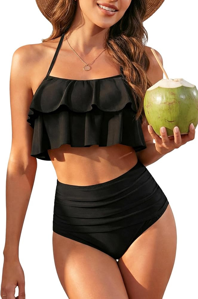 Tempt Me Women Two Piece Swimsuits High Waisted Bikini Teen Ruffle Tummy Control Bottoms Halter B... | Amazon (US)