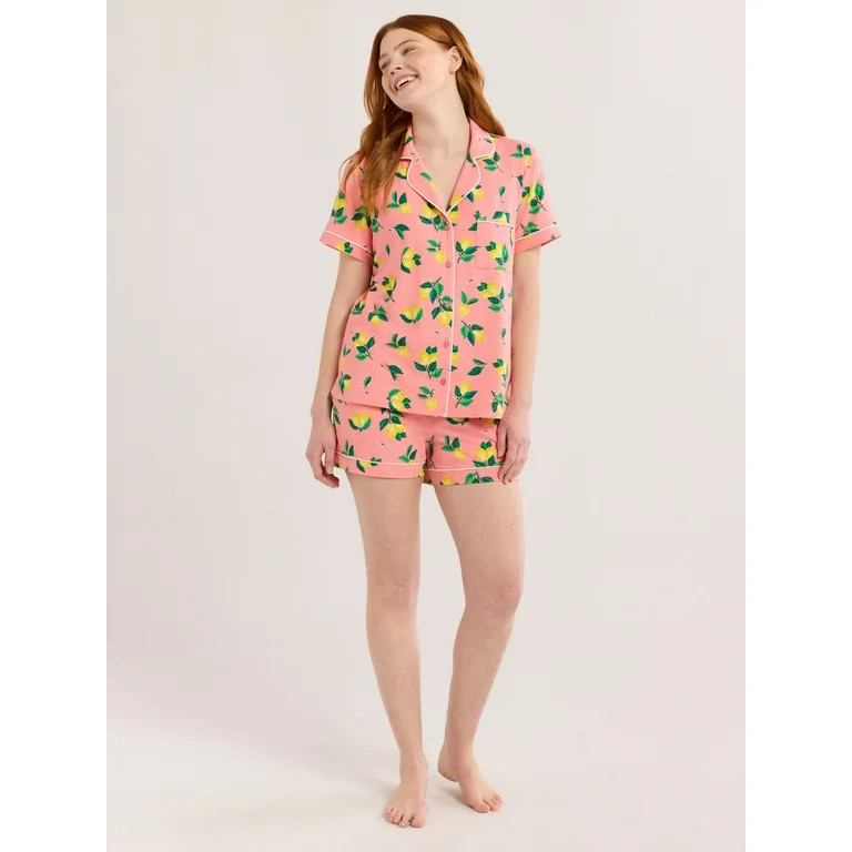 Joyspun Women’s Short Sleeve Knit Notch Collar Top and Shorts Pajama Set, 2-Piece, Sizes XS-3X | Walmart (US)