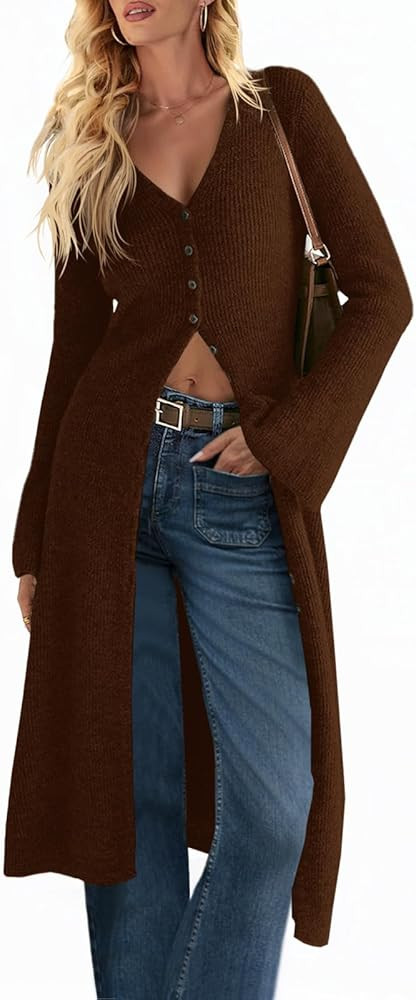 Saodimallsu Womens Long Cardigan Sweaters Oversized Bell Sleeve Open Front Button Down Casual Kni... | Amazon (US)