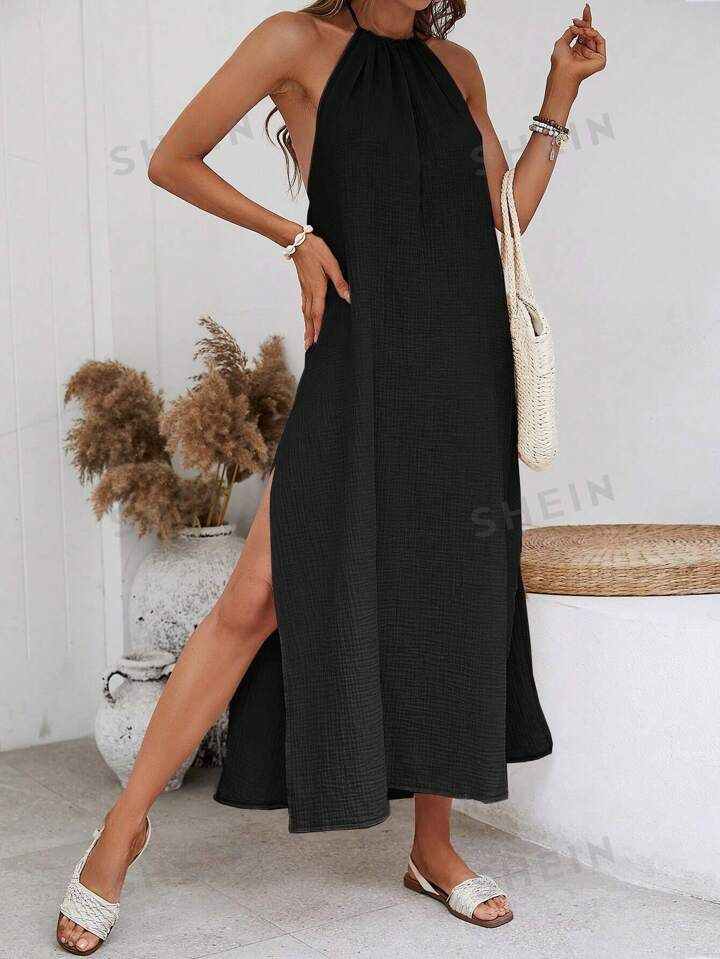 SHEIN VCAY Sping Solid Split Thigh Halter Backless Black Long Dress | SHEIN