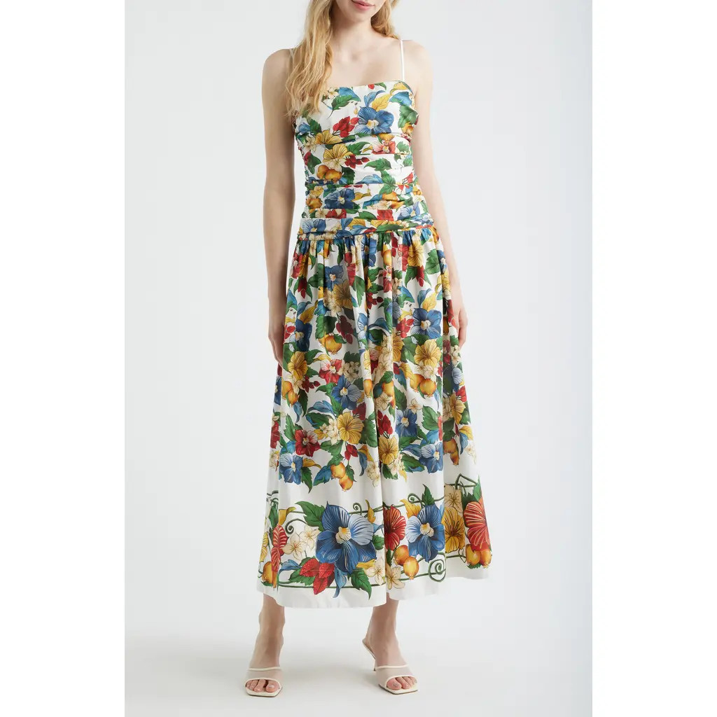FARM Rio Tropi Ruched Maxi Sundress in Tropi Off-White at Nordstrom, Size X-Small | Nordstrom