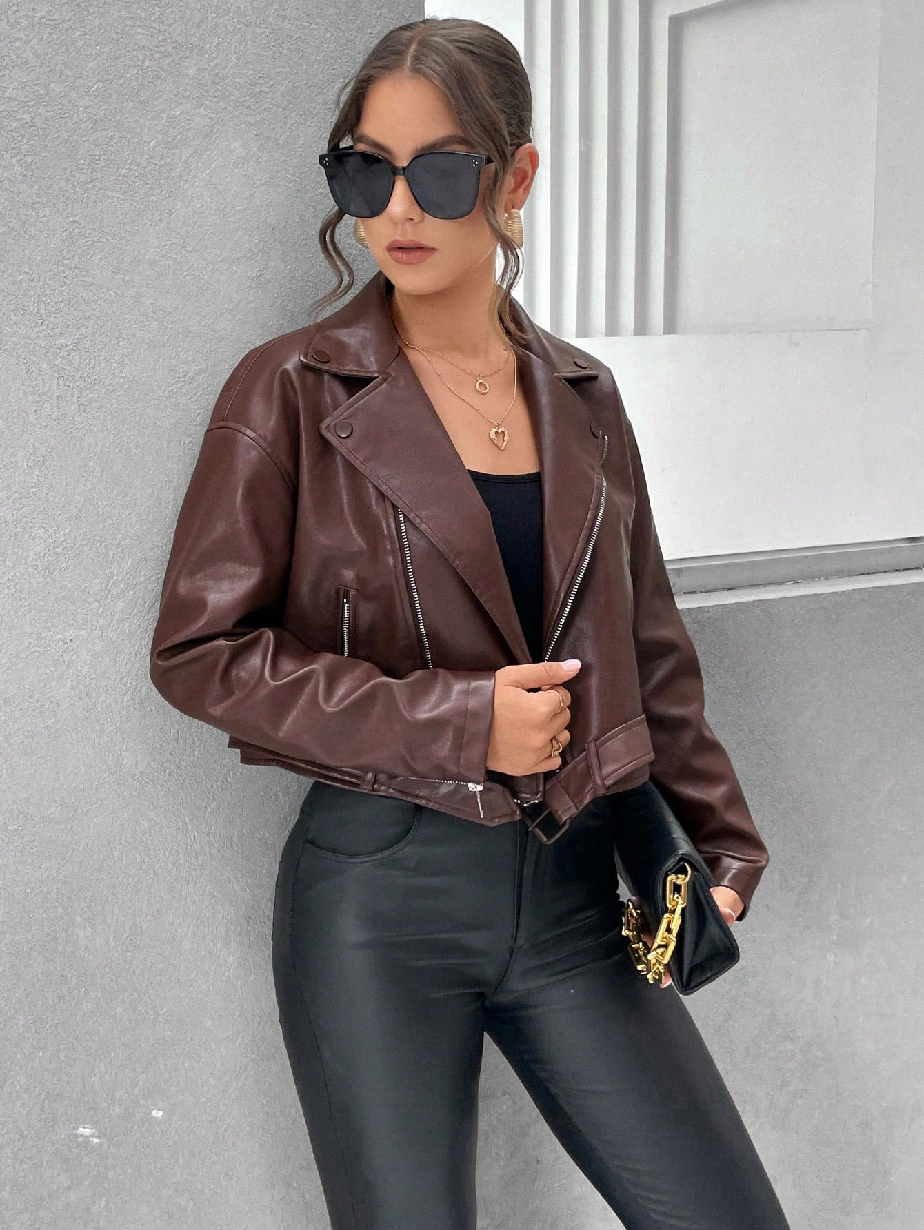 SHEIN Essnce Drop Shoulder Zipper PU Leather Moto Jacket | SHEIN