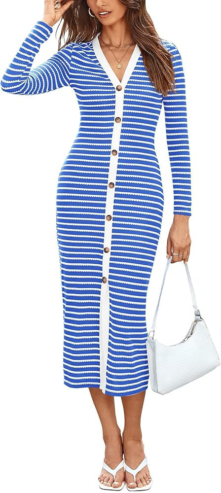 Button Down Maxi Bodycon Sweater Dress for Women V Neck Long Sleeve Slim Fit Striped Rib Knit Car... | Amazon (US)