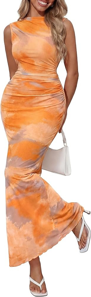 PRETTYGARDEN Summer Dresses for Women 2026 Sleeveless Bodycon Maxi Spring Mock Neck Tie Dye Mesh ... | Amazon (US)