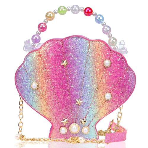Shells Little Girl Crossbody Purse for Toddler Kids,Cute PU Rainbow Glitter Small Shoulder Handbag,Fashion Pearl Princess Clutch Bag, Gifts for Birthday Xmas | Amazon (US)
