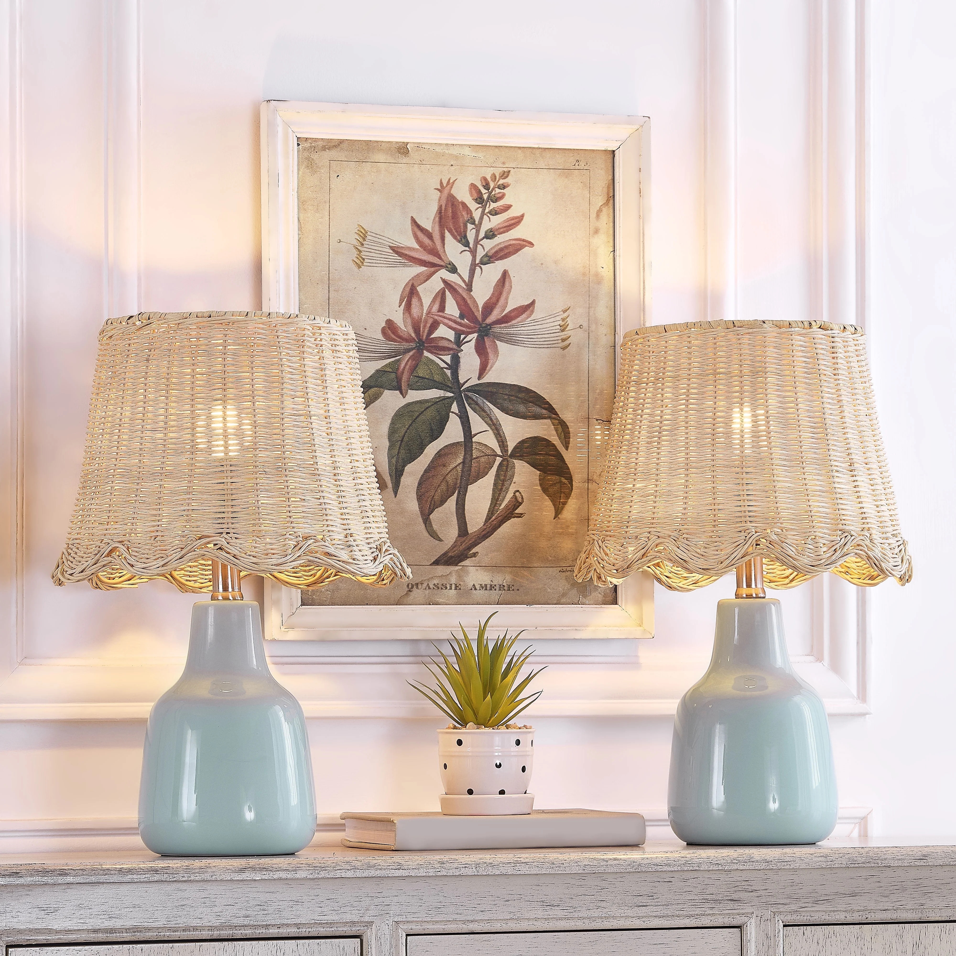 Maxax Blue Ceramic Table Lamps Set of 2, Farmhouse 16.5" Bedside Lamps with Rattan Shades for Liv... | Walmart (US)