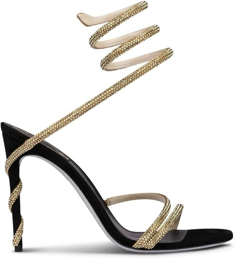 Perixir Gold Spiral Heeled Sandals, Gold Sparkly Rhinestone Heels, Sexy Ankle Wrap Around 3.9"Sti... | Amazon (US)