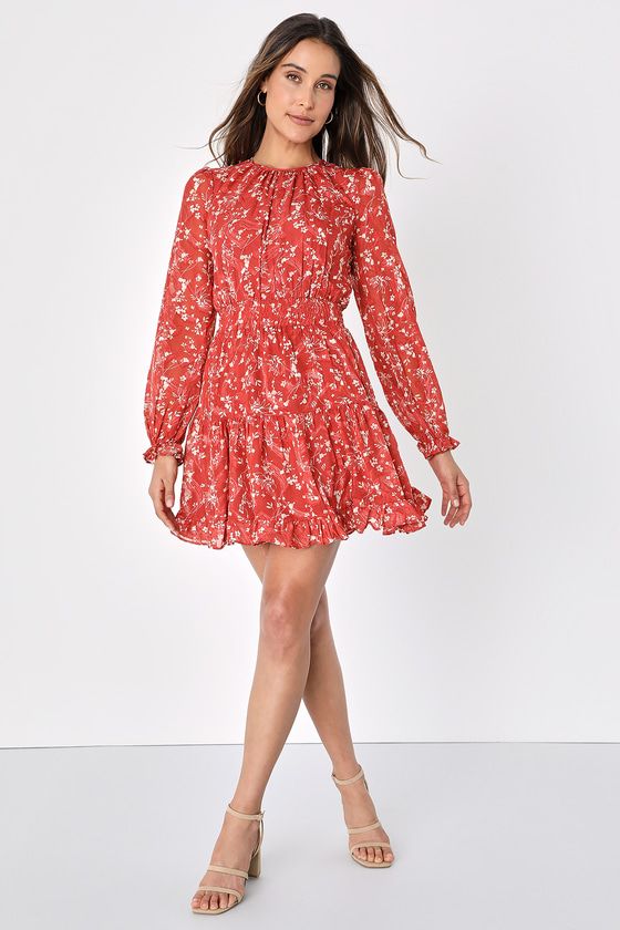 Too Cute Rust Red Floral Print Smocked Long Sleeve Mini Dress | Lulus