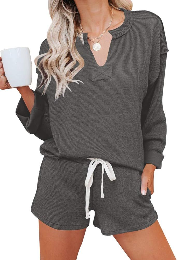 Women's Long Sleeve V Neck Henley Pullover Sweater Casual Two Piece Loungewear Pajamas Set Sleepw... | Amazon (US)
