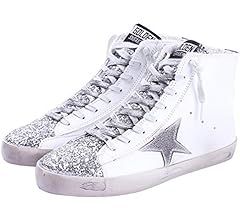 Women's High Top Fashion Flat Sneakers Distressed Design Lace up Star Glitter Shoes | Amazon (US)