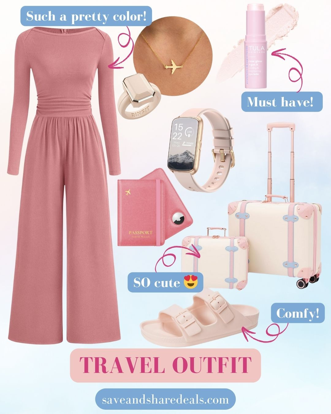 Headed somewhere fun? 🧳💗 This travel look has you covered—from the chic jumpsuit to the cute pink luggage and must-have accessories! Amazon Fashion Airport outfit Travel Outfit Lounge Set  

 