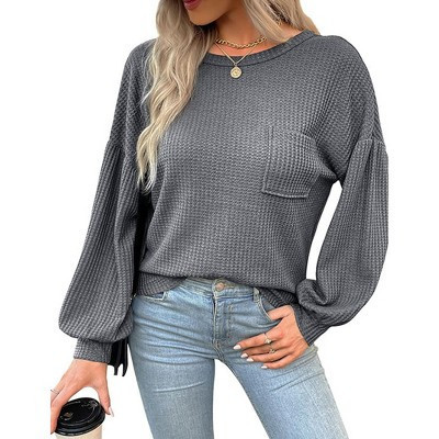 Women's Long Sleeve Knit Top Back Cutout Side Pocket Round Neck Casual Loose Sweater Tops Dark Gray L | Target