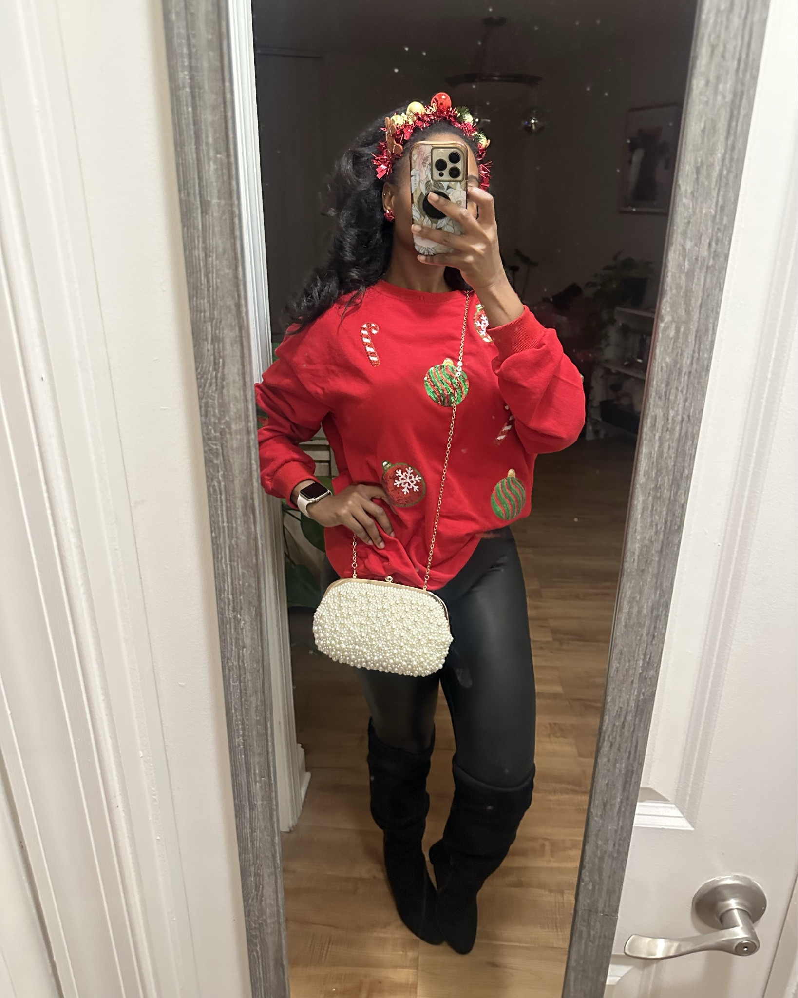 Ugly Christmas sweater party 
Christmas sweater 
Christmas party outfit 
Holiday outfit
Office Christmas party outfit 
Pearl clutch 
Christmas outfit 

#LTKSeasonal #LTKHoliday #LTKFindsUnder50