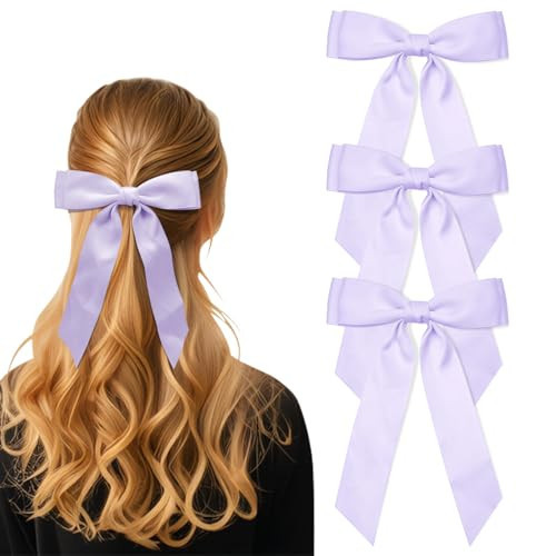 3Pcs Purple Hair Bows for Women Double-Layer Long Tail Bow Hair Clip Hair Ribbon Ponytail Holder Hair Accessories for Girls Toddlers | Amazon (US)